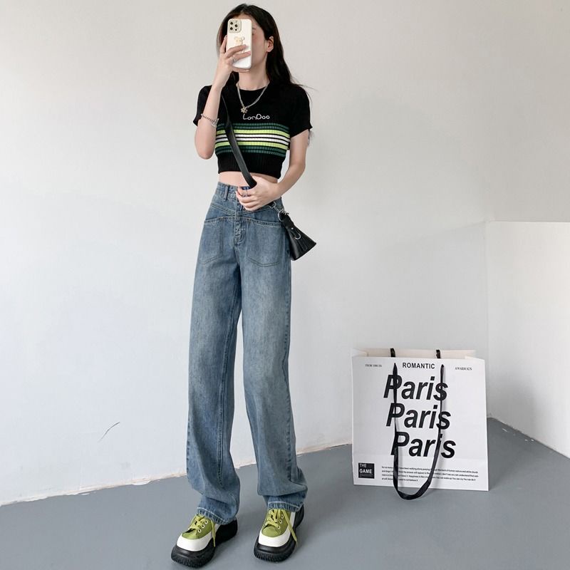☇Quần Jean Nữ Ống Rộng Lưng Cao Phong Cách Retro Mẫu Mới 2022 Thời Trang Mùa Hè