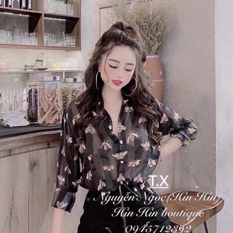 Áo sơ mi con ong sang chảnh form dài dấu quần
