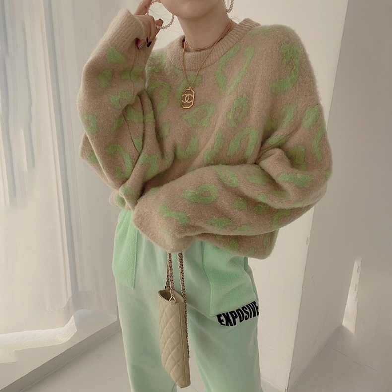 Áo Sweater Dệt Kim Hoạ Tiết Da Báo Thiết Kế Dáng Rộng Thoải Mái