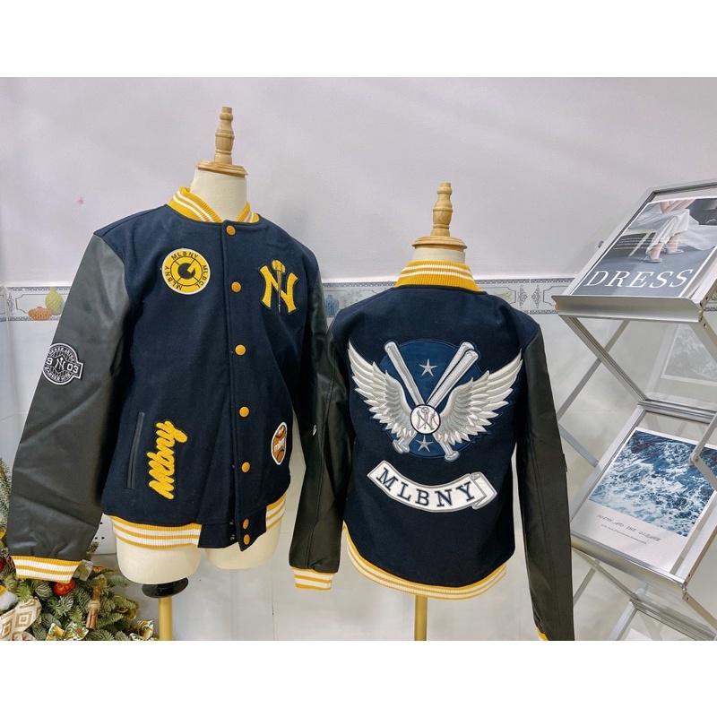 [CHÍNH HÃNG] ÁO KHOÁC MLBNY BÓNG CHÀY FULL DA MÀU ĐEN - ÁO BOMBER THỂ THAO - UNISEX NAM NỮ