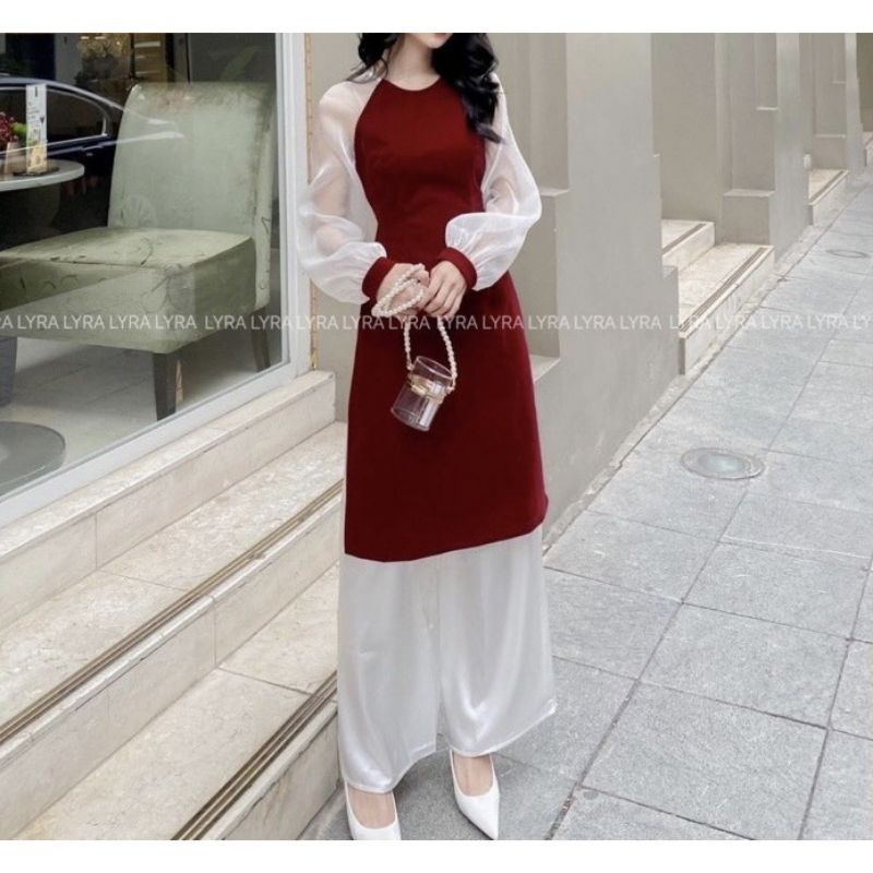 Áo Dài , Áo Dài Cách Tân  đỏ phối tay voan siêu trẻ trung ★QA
