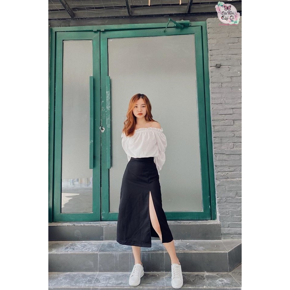 CHÂN VÁY MIDI SKIRT ĐEN TRƠN XẺ TÀ - HÌNH CHỤP THẬT | BigBuy360 - bigbuy360.vn