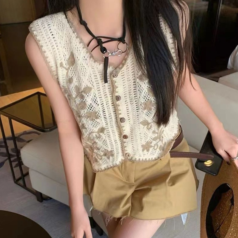 Áo Croptop Dệt Kim Không Tay Cổ Chữ V Dáng Rộng Thêu Hoa Phối Nút Thời Trang Cho Nữ