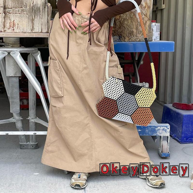 Chân Váy Kaki Lưng Thấp Có Túi Lớn Phối Dây Rút Phong Cách Cổ Điển Y2K Thời Trang Cho Nữ