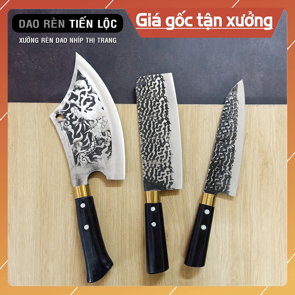 Bộ 3 Dao Nhà Bếp - Dao Chặt, Thái, Lọc Thép Nhíp Ô Tô Dập Vân 2 Mặt Cao Cấp