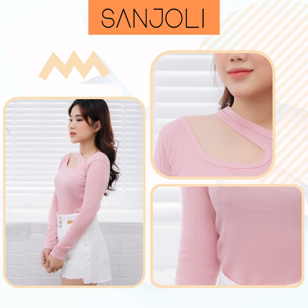 Áo Thun Nữ Tay Dài SANJOLI Hàn Quốc Thu Đông Kiểu Ôm Body Cổ Vuông Trơn Trắng Đen Đẹp Cao Cấp AO026