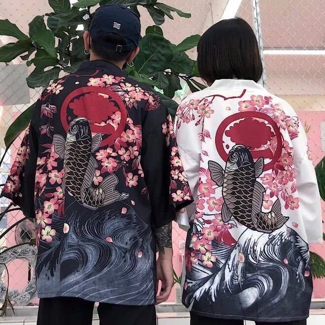 Áo Khoác Kimono Dáng Rộng In Họa Tiết Hoa Đào Và Lông Vũ Phong Cách Nhật Bản Thời Trang Cho Nam Và Nữ 2022