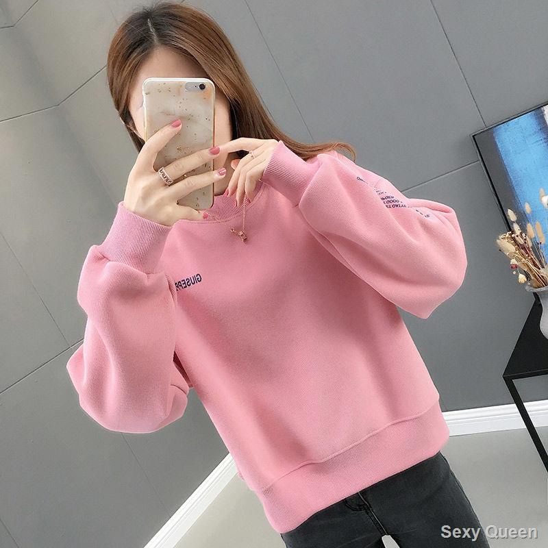 Áo nỉ dài tay bằng nhung len dày dặn dáng ngắn phong cách Hàn Quốc thời trang thu đông mới dáng rộng cho nữ