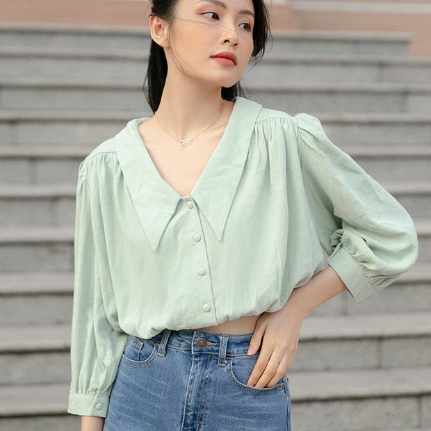 Áo kiểu MIEU cổ lá sen nút bọc - GA12