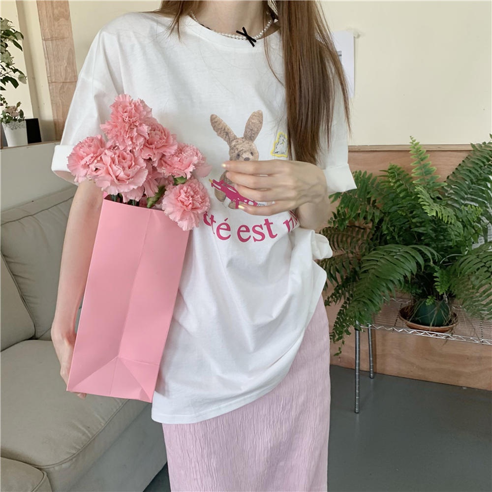Set Áo Thun Ngắn Tay Cổ Tròn + Chân Váy Dài Eo Co Giãn Họa Tiết Thỏ Thời Trang Mới 50687