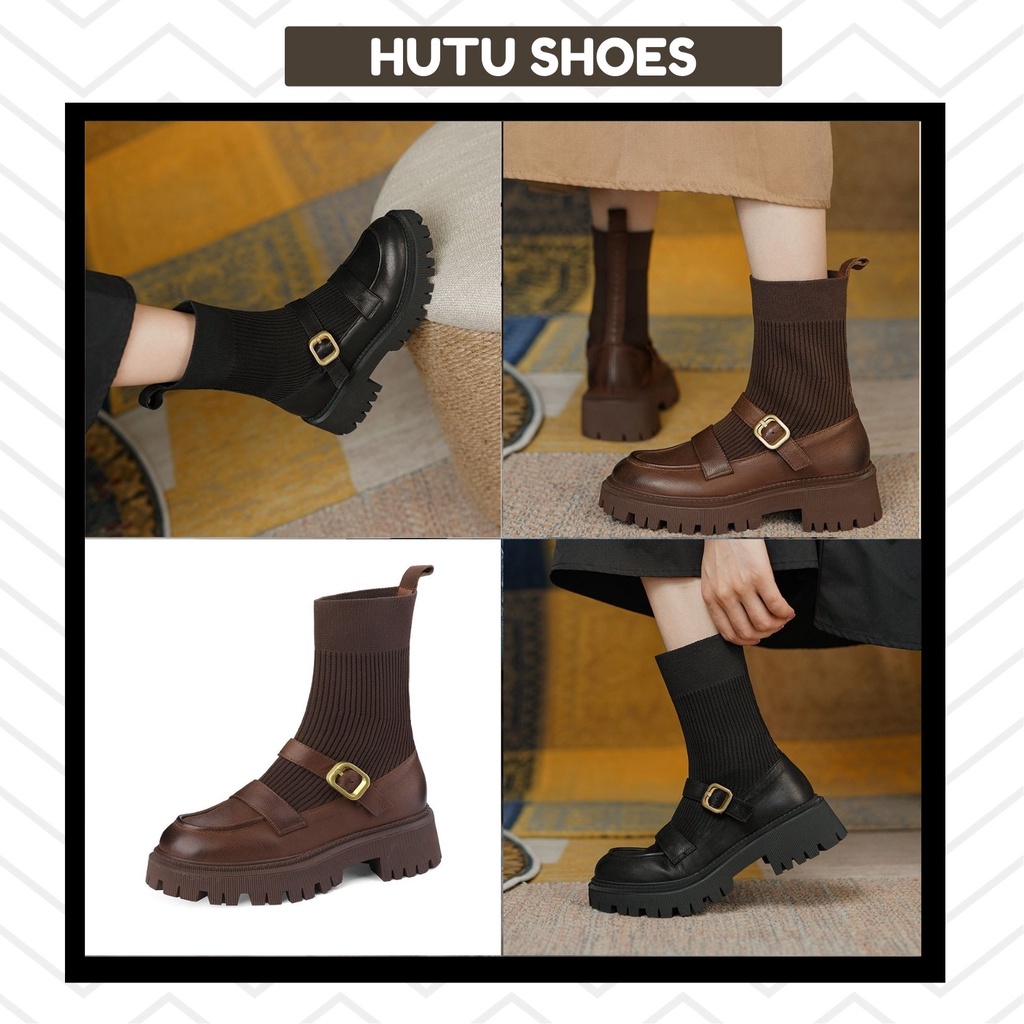 Giày Boot Nữ 2021 Mới Retro Phong Cách Anh Khóa Vàng Mary Jane Bốt Ngắn