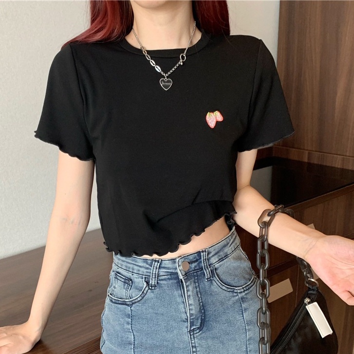 Áo Thun Tay Ngắn Hở Rốn Dáng Ôm Thêu Họa Tiết Thời Trang Mùa Hè Xinh Xắn Cho Nữ