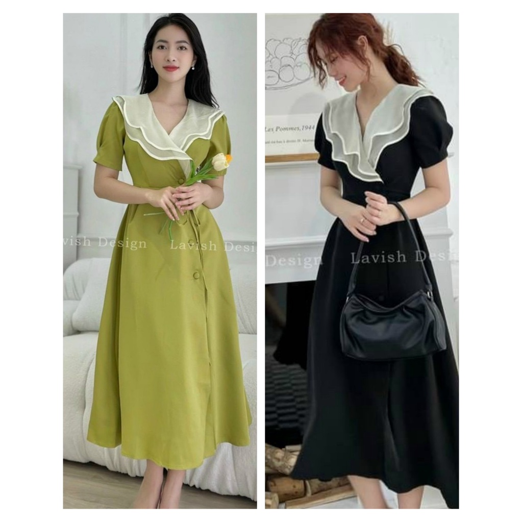 TTL Váy suông xanh bơ midi cổ sen phối voan tơ vạt chéo eo thắt nơ tiểu thư dịu dàng công sở dự tiệc
