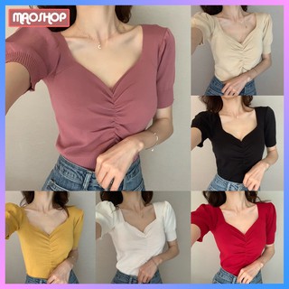 Áo Croptop ôm tay phồng cổ tim nữ tính phong cách ulzzang Hàn Quốc C46 - MaoMao