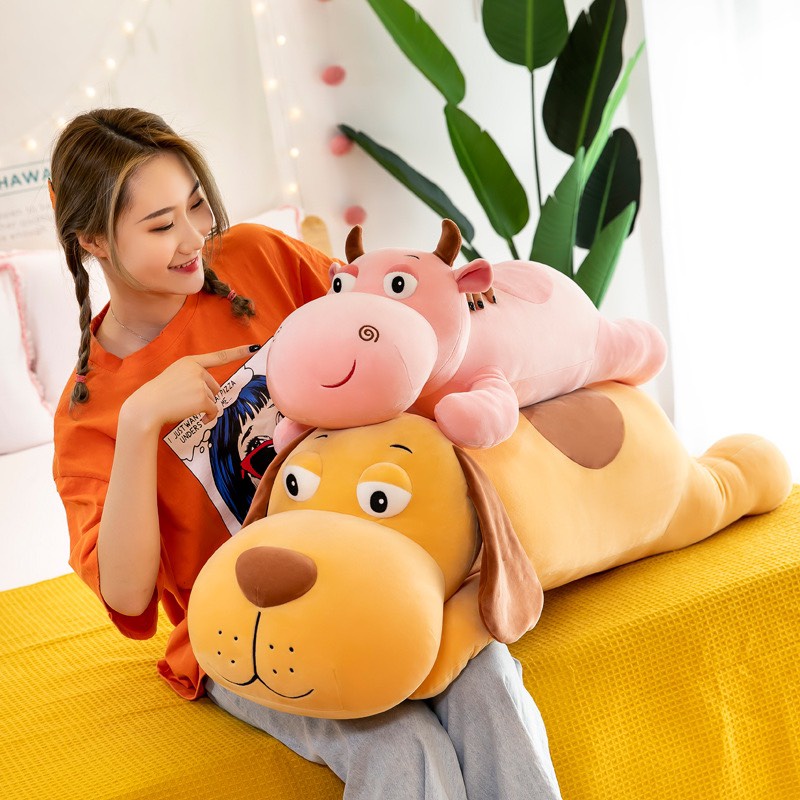 Gấu Bông Trâu Hồng , Thú Nhồi Bông Khủng Long Gối Ôm Chó Mắt Lồi Đủ Size 75Cm-1M-1M2