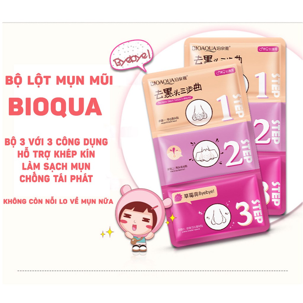 Miếng lột mụn mũi 3 bước Bioaqua - Đẩy mụn - Lột mụn - Se nhỏ chân lông | BigBuy360 - bigbuy360.vn