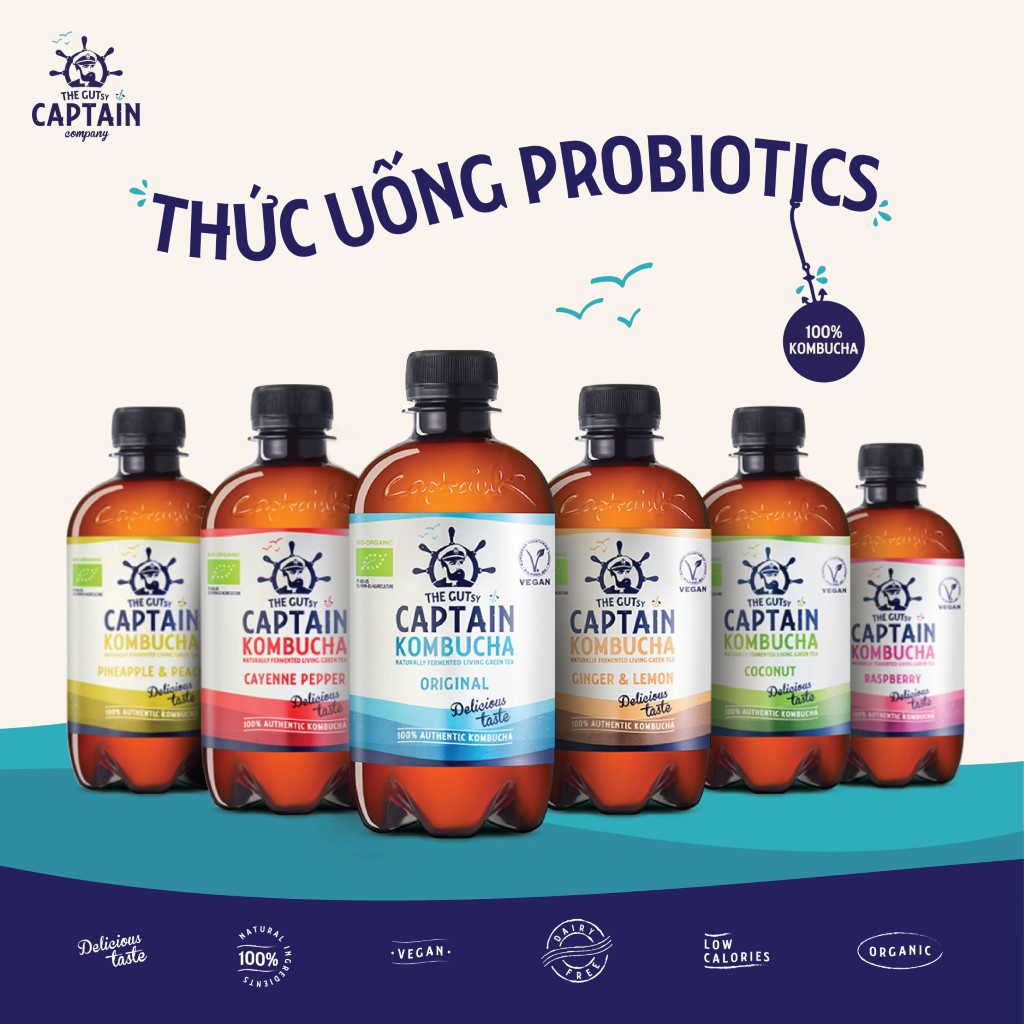 Trà dưỡng sinh Kombucha hữu cơ vị đào dứa The Gutsy Captain 400ml