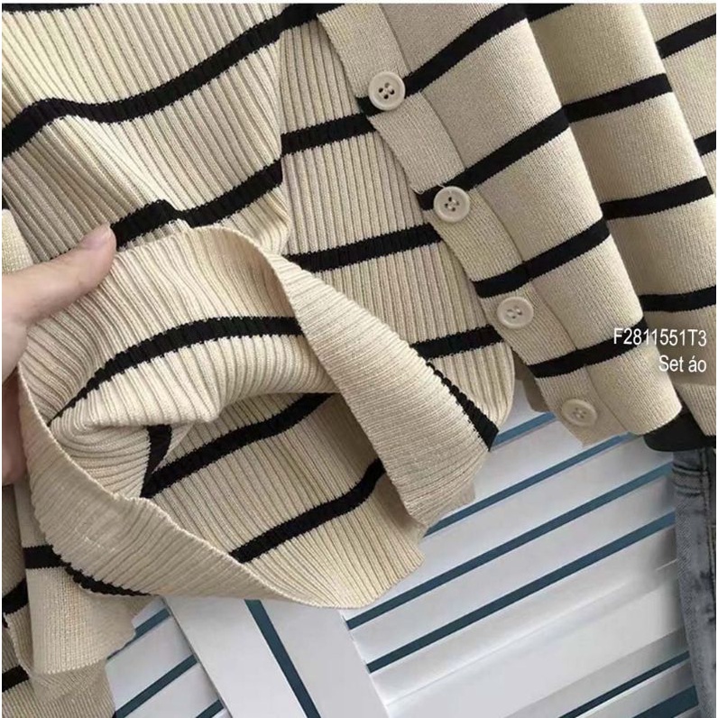 Set cặp áo len sọc áo khoác tay dài kèm áo 2 dây hàng Quảng Châu