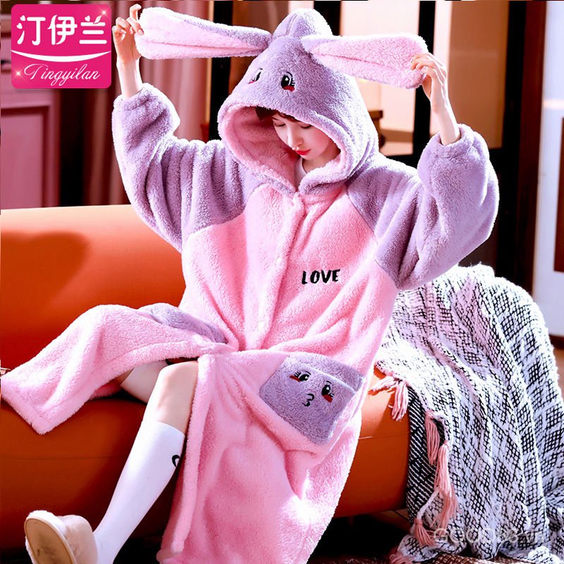 Áo choàng ngủ bằng vải flannel dày dặn in họa tiết hoạt hình dễ thương thời trang thu đông cho nữ