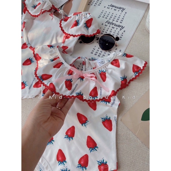 Đồ Bơi Bé Gái, Bộ Bơi Trẻ Em, Bikini Dâu Tây Một Mảnh Hở Lưng Cho Bé Gái Từ 7kg - 20kg