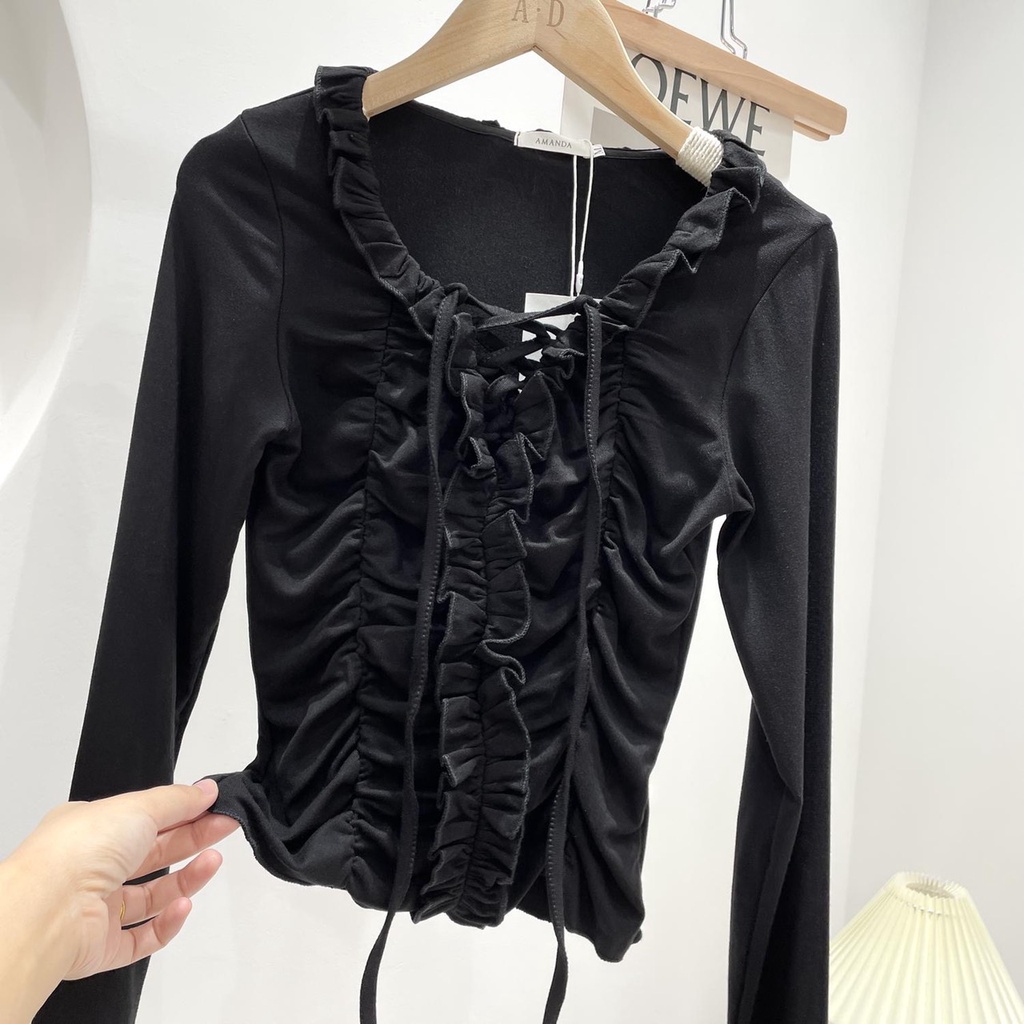 Áo Nhún Bèo Dây Rút Tay Dài LSEOUL A2364 Nhiều Màu Ngọt Ngào Nữ Tính