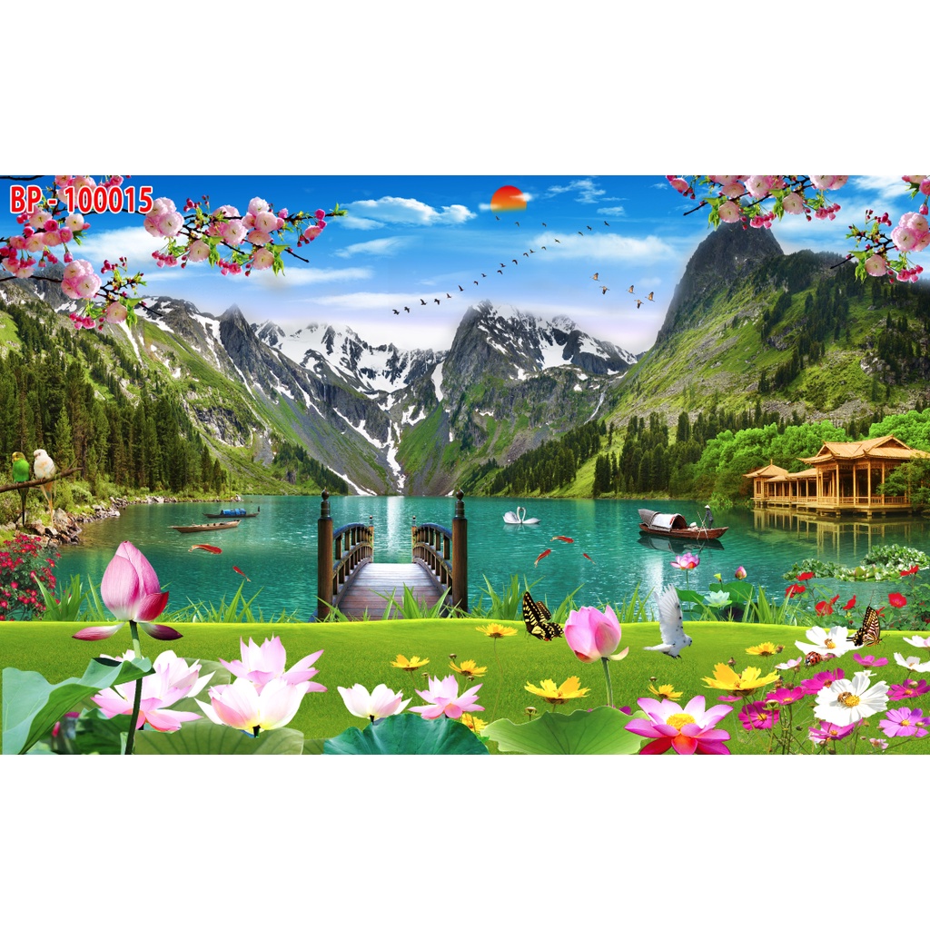 Tranh dán tường ao hoa sen nở rộ cực kỳ đẹp, phù hợp với nhiều không gian trong nhà