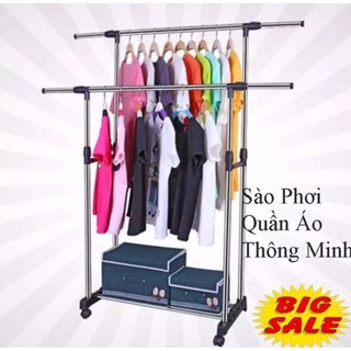 Giàn phơi, kệ treo quần áo 2 tầng inox. Chân bánh xe tiện di chuyển. Lắp ráp dễ dàng