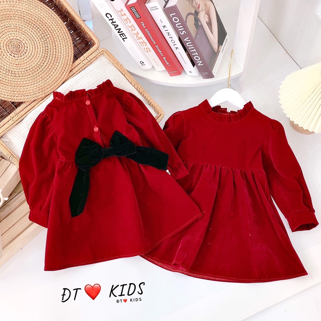 Váy Nhung Cho Bé 8-18kg - Váy Nhung Đỏ Phối Nơ Diện Tết - Noen Cực Ấm - N%D Kids