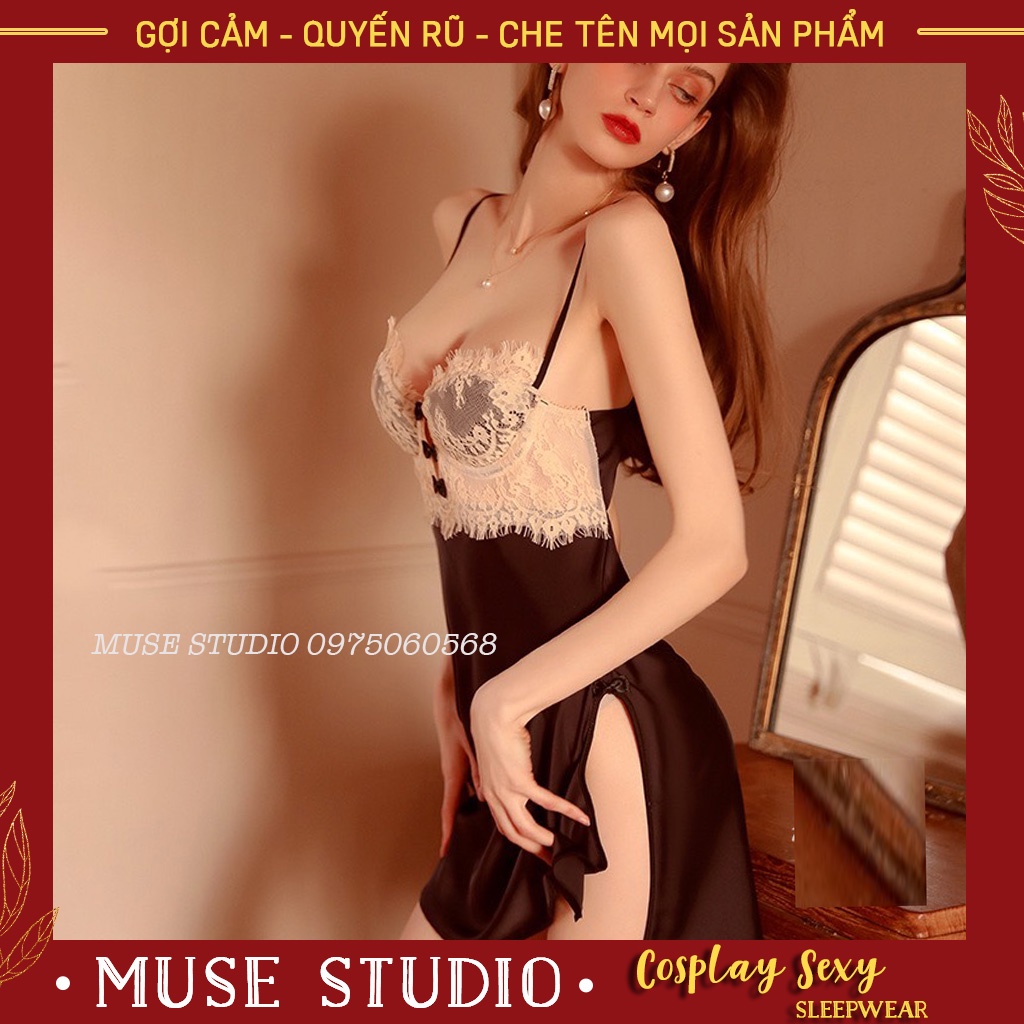 Váy ngủ sexy, đầm ngủ gợi cảm có gọng nâng ngực xẻ hai bên đùi vải satin hàng cao cấp