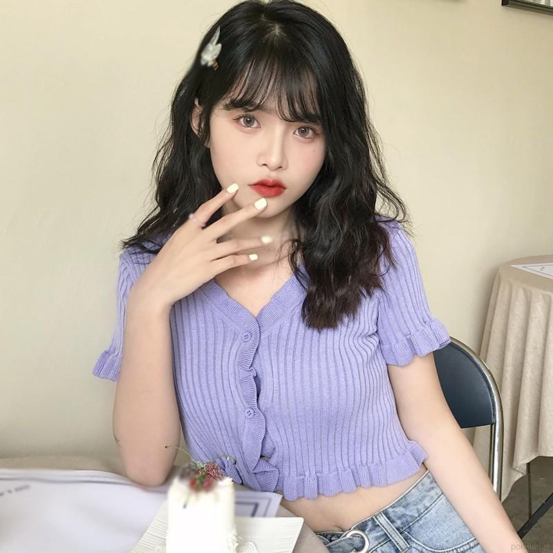 Áo Croptop Dệt Kim Tay Ngắn Cổ Chữ V Màu Trơn Phong Cách Hàn Quốc | BigBuy360 - bigbuy360.vn