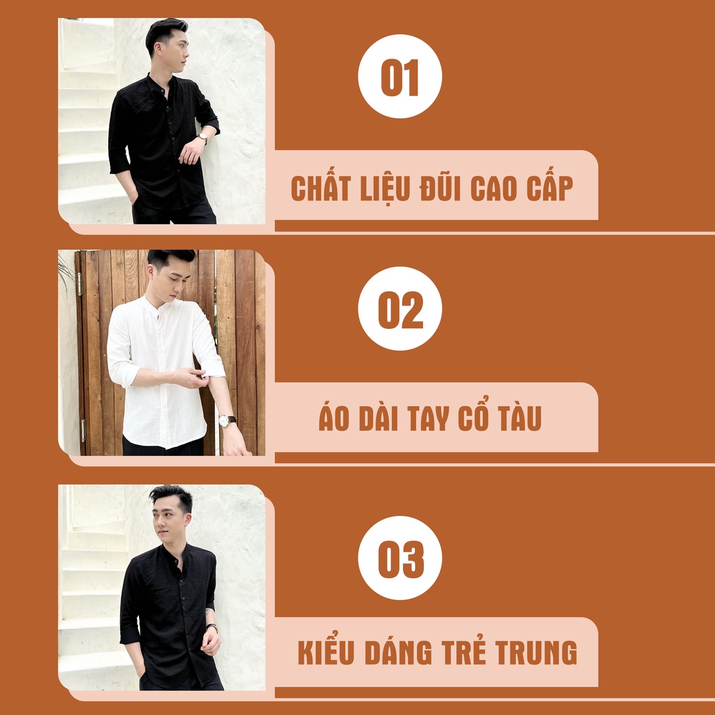 Áo sơ mi nam dài tay cổ tàu dáng ôm body hàn quốc vải mịn mát, áo so mi nam dai tay cổ trụ không nhăn A01
