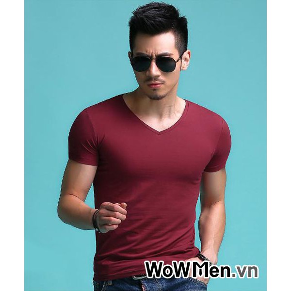 Áo Thun Nam Trơn Ngắn Tay Ôm Body Đỏ Đô Cổ Tim - AT1116
