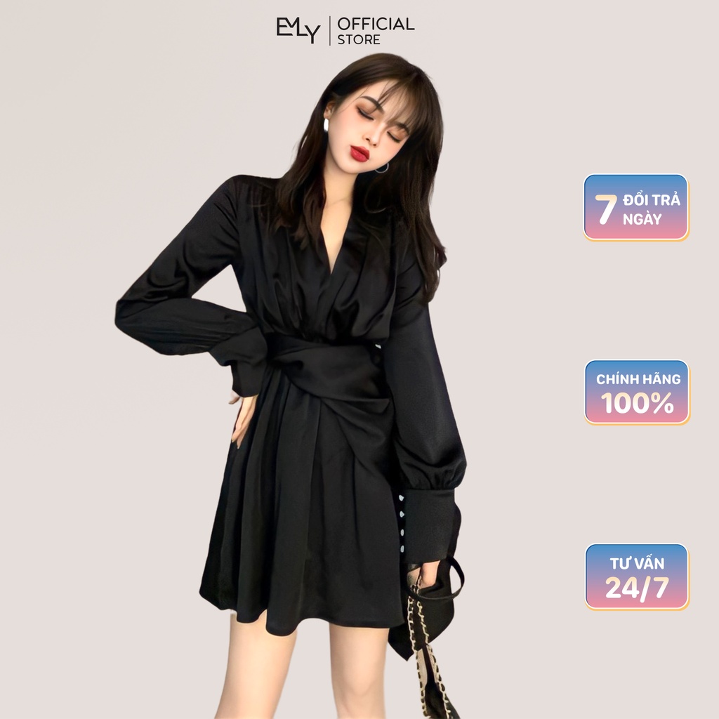 Đầm nữ tay dài midi dáng xòe cột eo Emilyshop