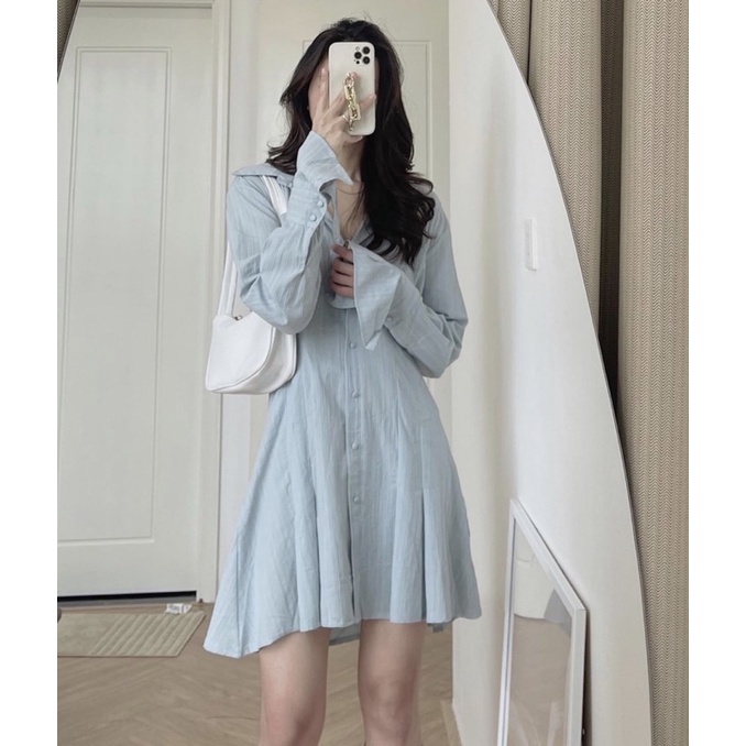 Váy sơ mi chiết eo tay loe vải đũi 2 lớp siêu xinh