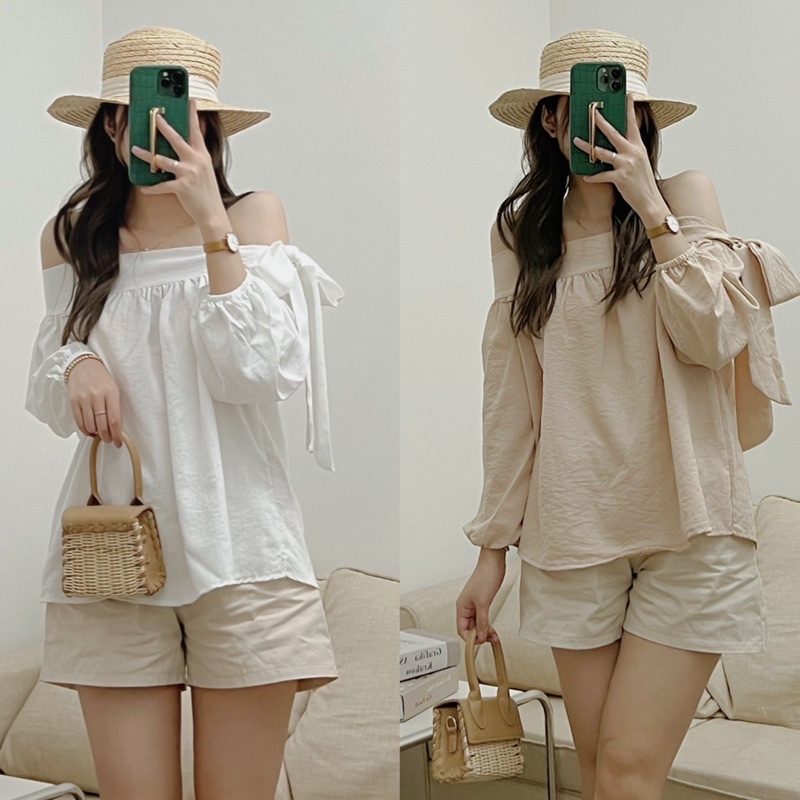 [ẢNH THẬT+VIDEO] Áo Trễ Vai Thắt Nơ Tay Dài Đen/Be/Trắng Khoe Xương Quai Xanh Quyến Gũ