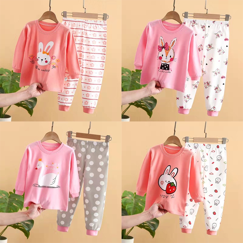 Bộ Đồ Ngủ cotton Tay Dài In Hình Thỏ Dễ Thương Cho Bé Gái 1-5 Tuổi