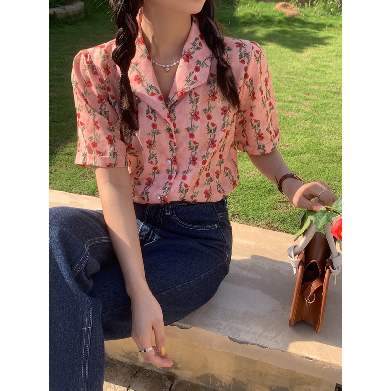 Áo Sơ Mi Tay Ngắn Họa Tiết Hoa Phong Cách retro Thời Trang Hàn Quốc Cho Nữ