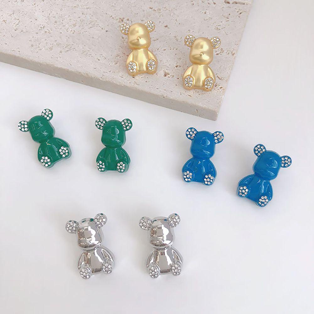 QQMALL Bông Tai Hình Gấu Hoạt Hình Đính Đá Bằng Hợp Kim Phong Cách Hàn Quốc Dễ Thương