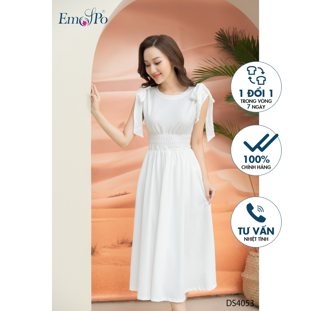 Đầm xòe Emspo sát nách, chun eo, thắt nơ hai bên vai DS4053