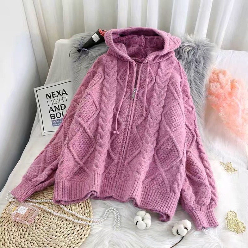 Áo khoác len cadigan kéo khoá có mũ trùm đầu | BigBuy360 - bigbuy360.vn