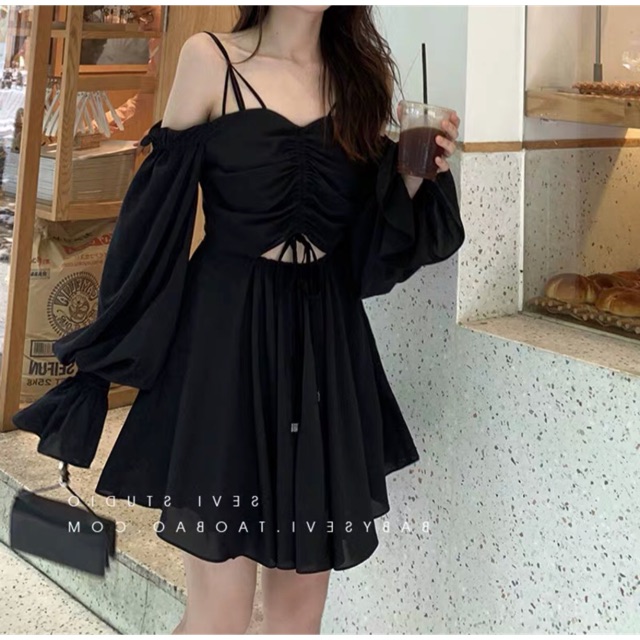 Váy Đầm Đen Hở Vai Rút Dây Ulzzang Phong Cách Hàn Quốc Tiểu Thư Công Chúa Kiểu Dáng Độc Lạ Hot Hit 2019 2020