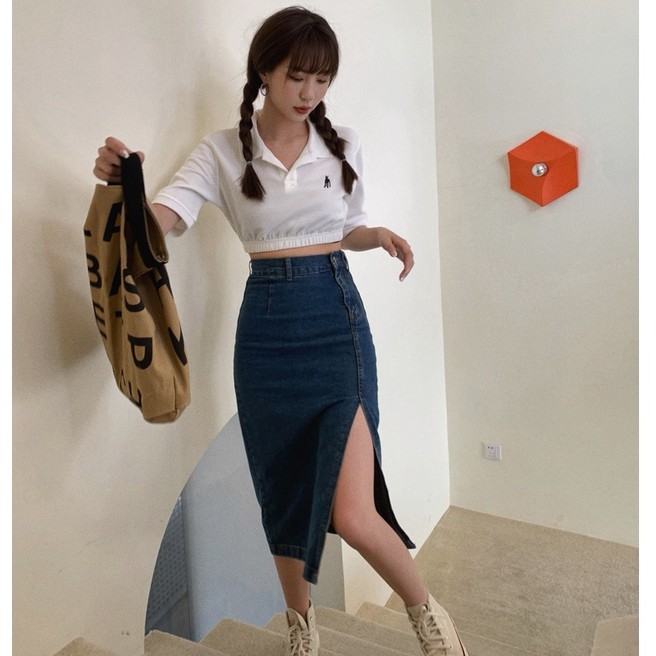 Chân váy jean cạp cao xẻ tà cá tính thời trang 43784