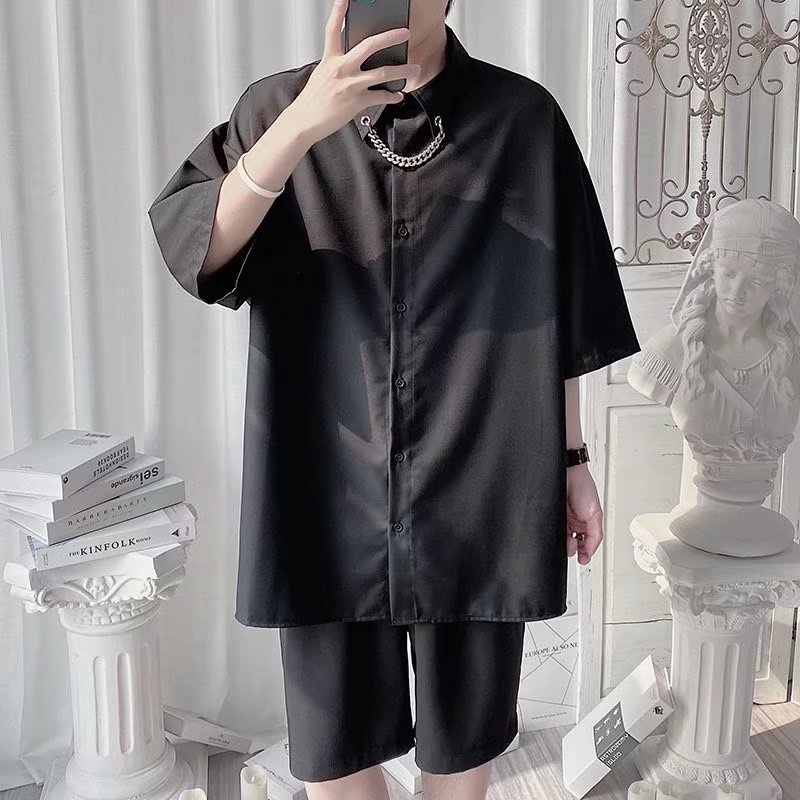 Áo Sơ Mi Ngắn Tay Dáng Rộng Chống Nhăn Phối Dây Xích Thời Trang Mùa Hè Hàn Quốc Hàng Mới Chính Hãng Dành Cho Nam