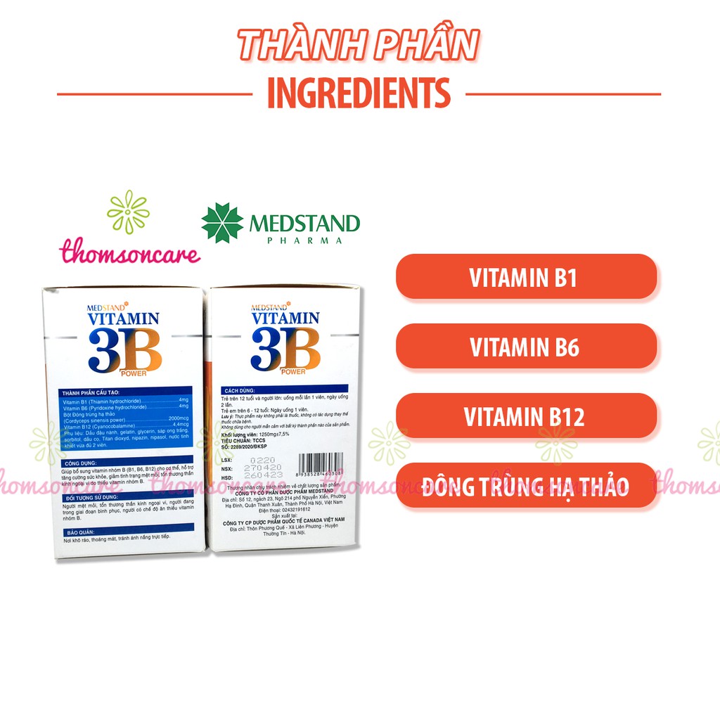 Bổ sung vitamin B1 B6 B12 và đông trùng hạ thảo - Vitamin 3B Medstand - Hộp 100 viên