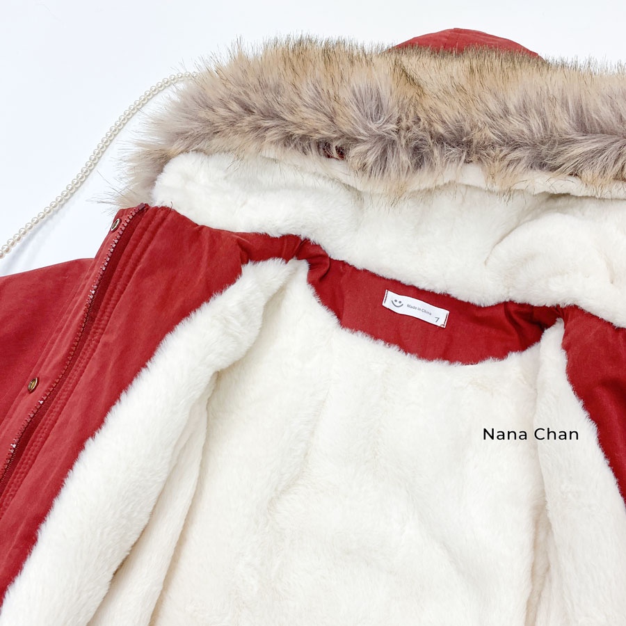 AG359 - Áo khoác parka đỏ mũ lông sz 90-140, áo khoác bé gái thời trang
