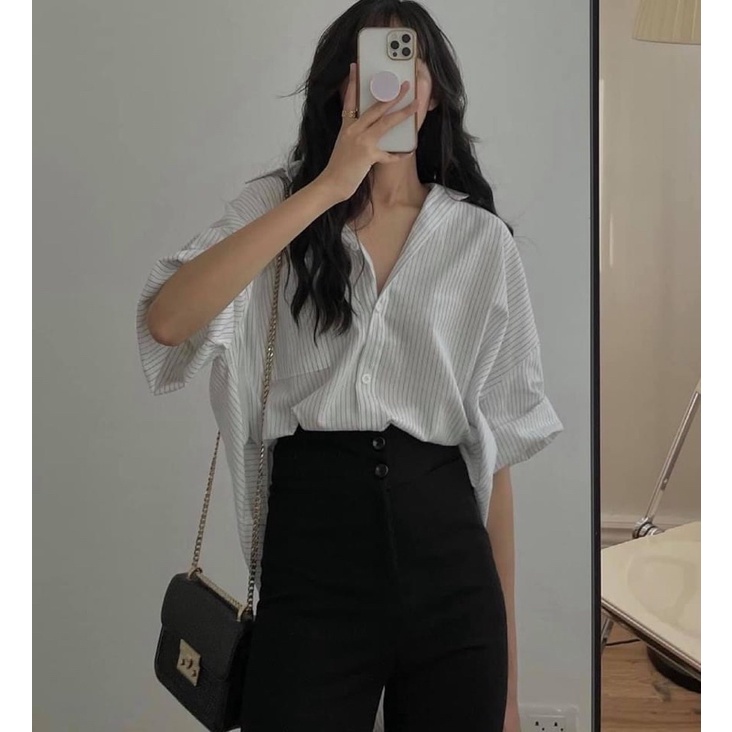 Áo sơ mi dáng over size thô kẻ tay lỡ 3 màu