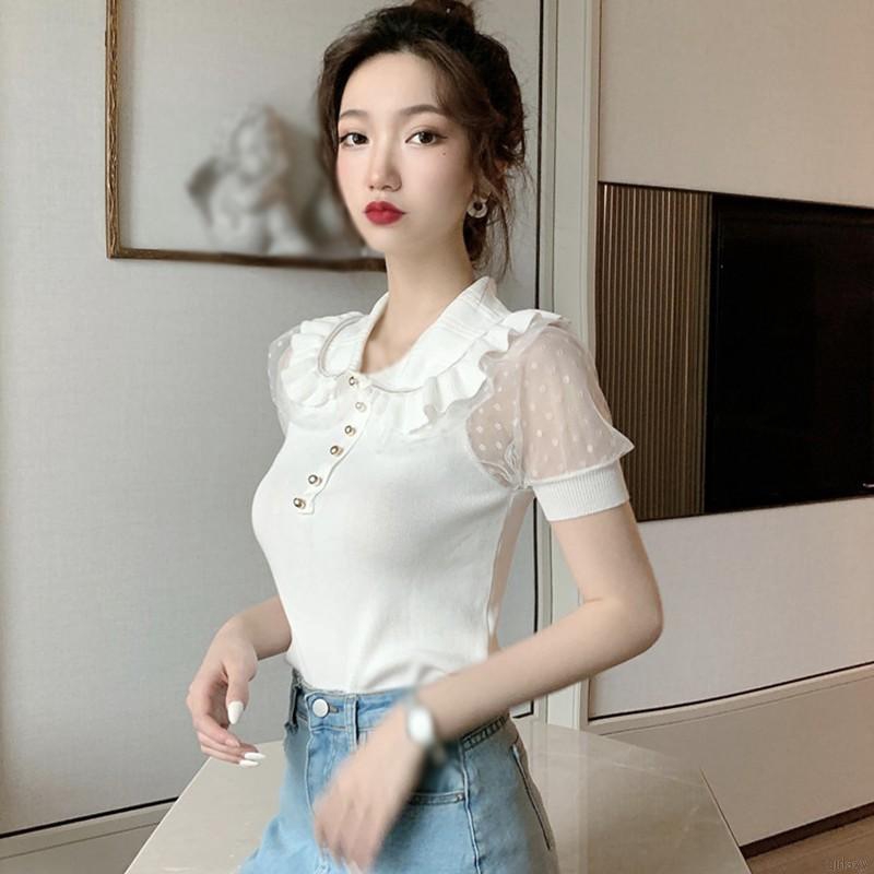 Áo Dệt Kim Ngắn Tay Phối Lưới Xinh Xắn Theo Phong Cách Retro Hàn Quốc