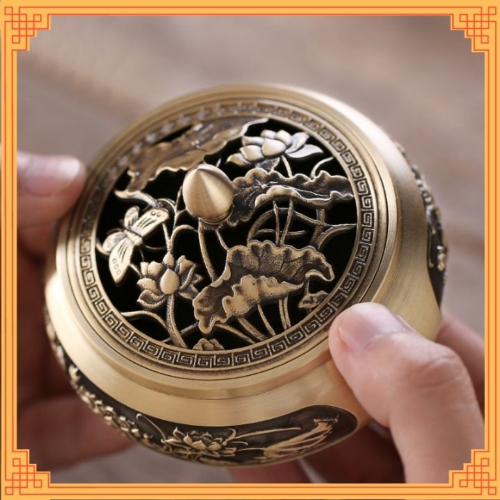 Lư đồng xông trầm hương đồ  thờ cúng xông trầm thay lư điện khắc sen tinh tế tặng kèm nhang vòng/ trầm nụ