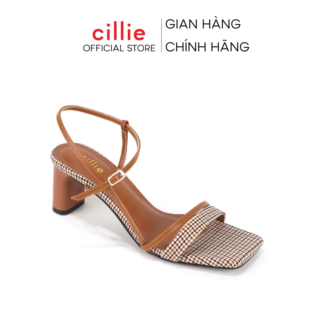 Giày sandal nữ cao gót quai ngang phối vải bố vintage gót vuông cao 7cm đi học đi chơi dạo phố Cillie 1108