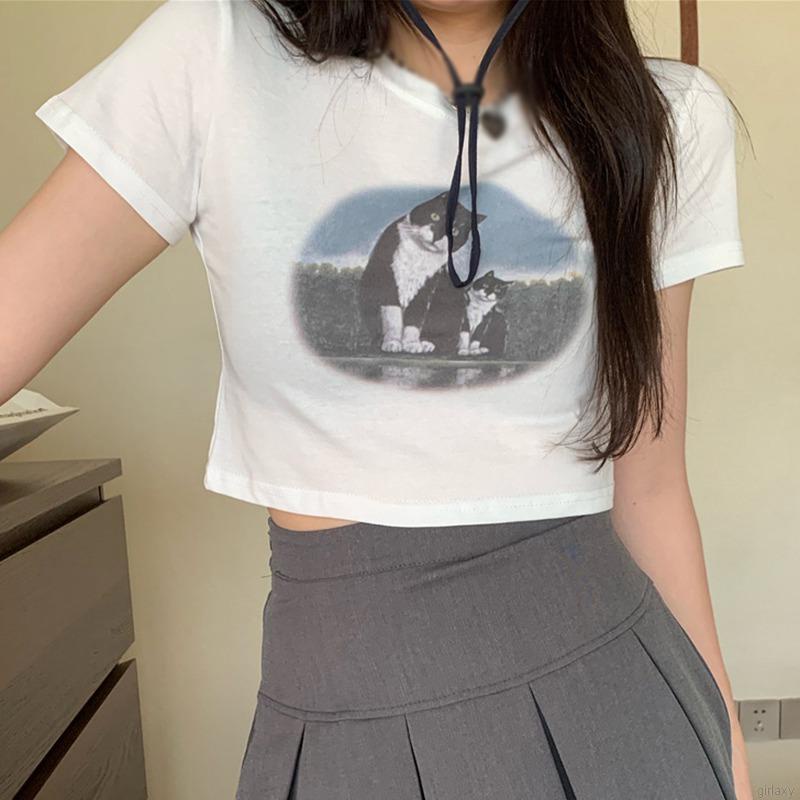 Áo thun croptop tay ngắn cổ tròn in họa tiết phong cách Hàn Quốc retro trẻ trung thời trang